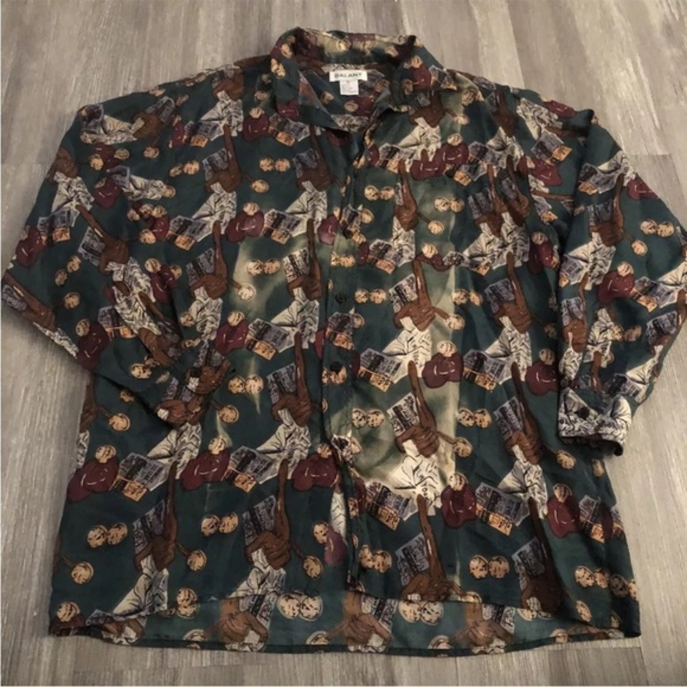 Vintage Galant Mens Button Up‎ 100% Silk Vintage All over Print Pattern Size M